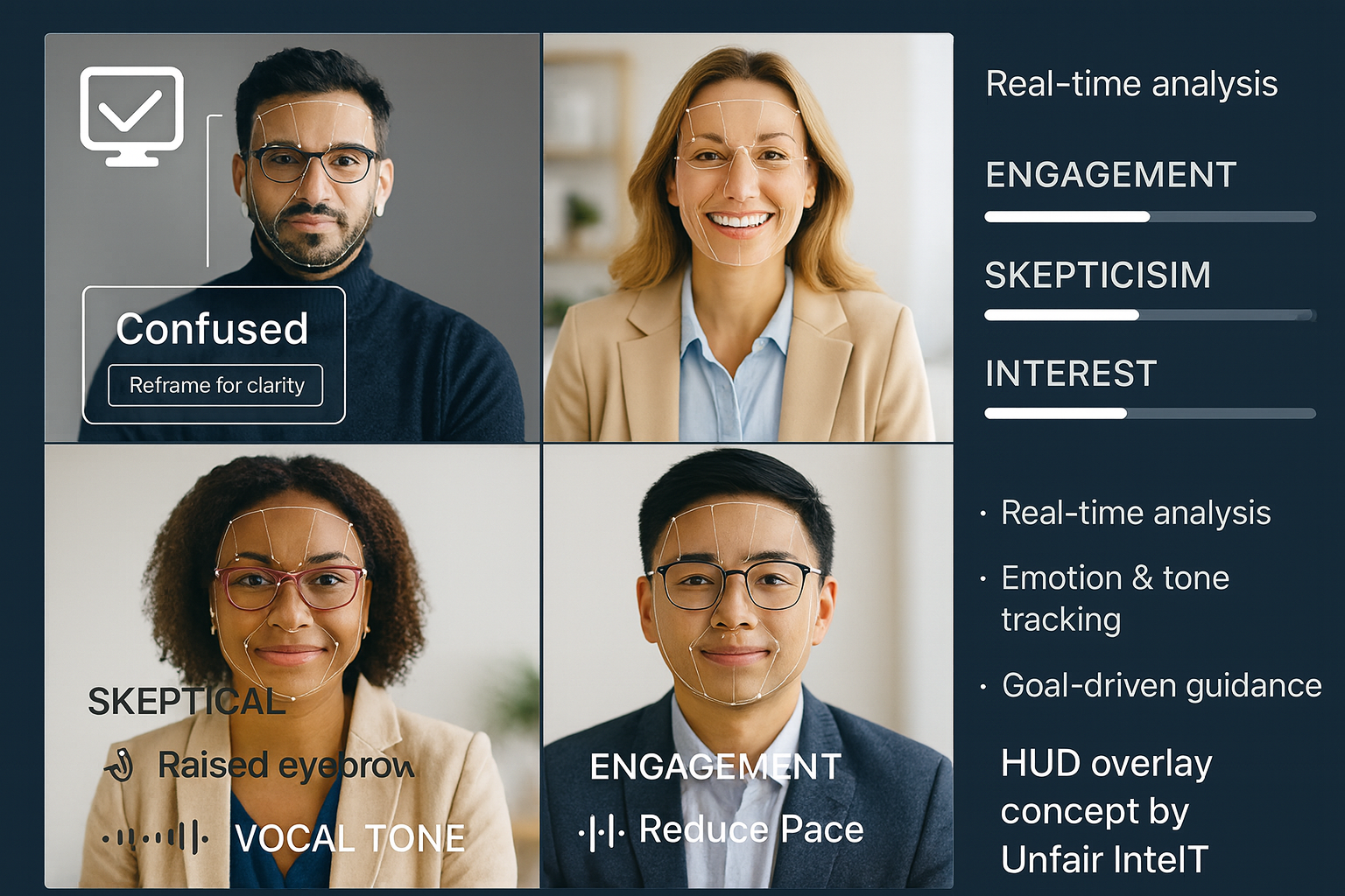 Unfair Intel analyzing multiple participants in a virtual meeting with real-time HUD overlays