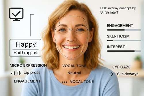 Unfair Intel HUD overlay concept showing real-time behavioral, facial, vocal and engagement analysis