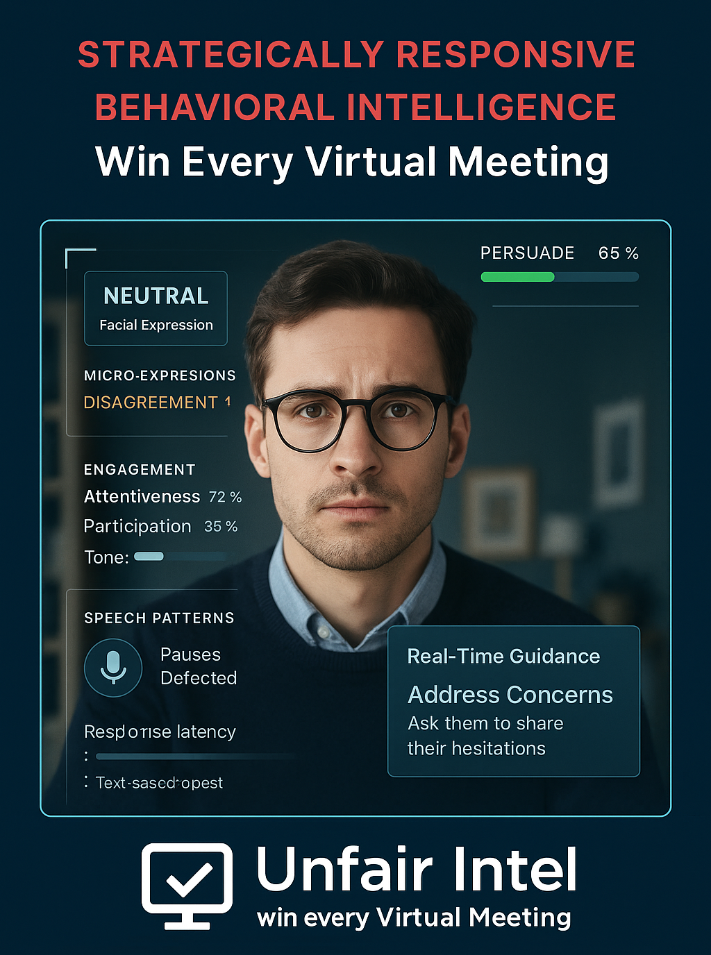 Unfair Intel secondary HUD overlay showing real-time facial, vocal, and engagement analysis